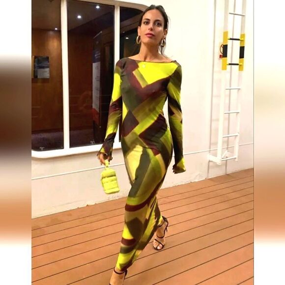 NWT VIRAL ZARA PRINTED MAXI DRESS TULLE BROWN GREEN MULTI - Picture 4 of 16